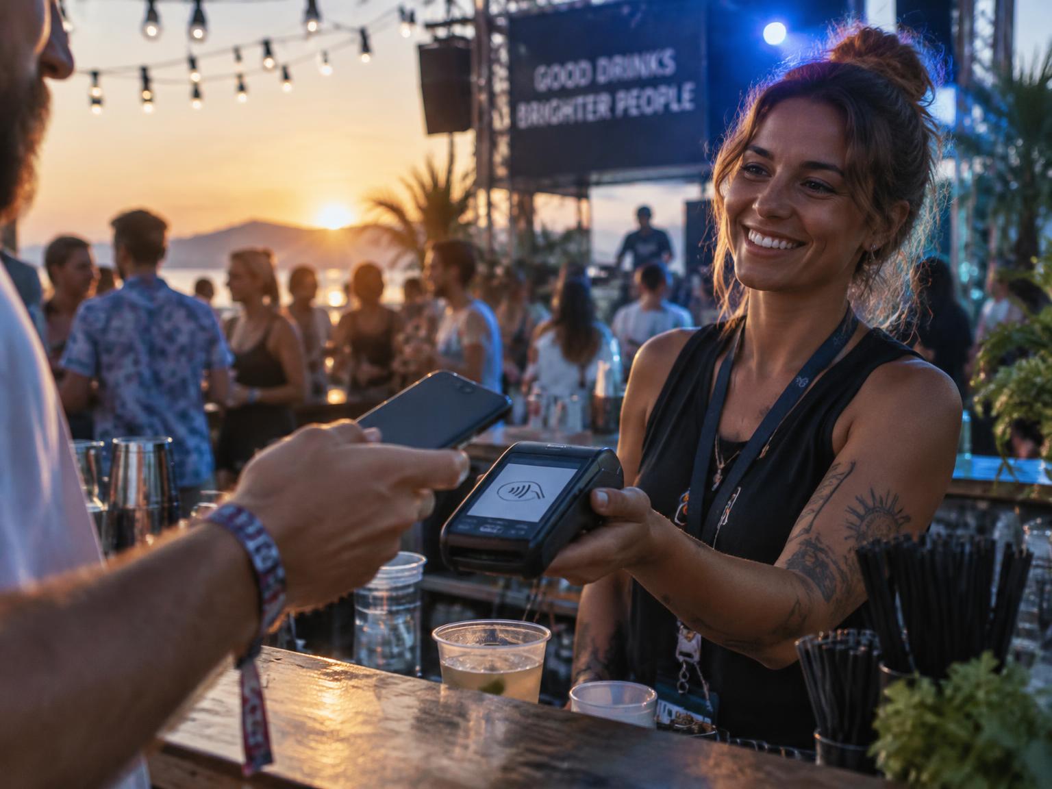 Gast bezahlt kontaktlos an einer Festivalbar mit mobilem Zahlungsterminal